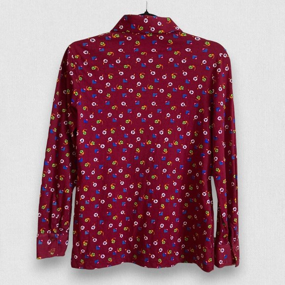 Vintage Floral Print Burgundy Retro 60's Button down Long sleeve Shirt - Picture 8 of 8